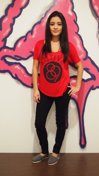 Active Circle 89 Top in Red, Flying Monkey Denim in Black, TOMS Classic Shoe in Ash   