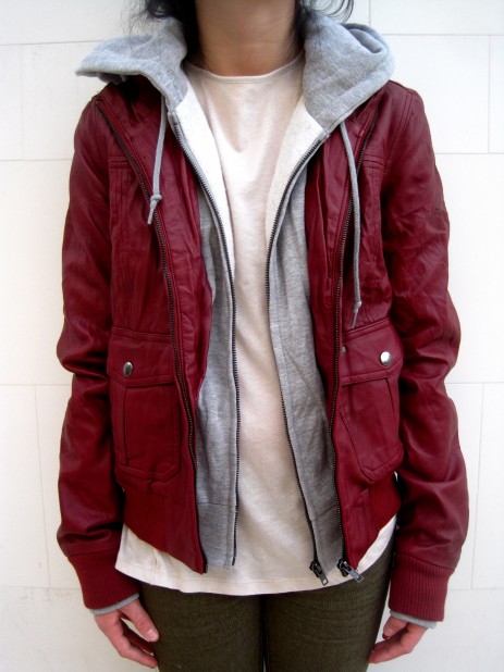 Red leather with grey hood