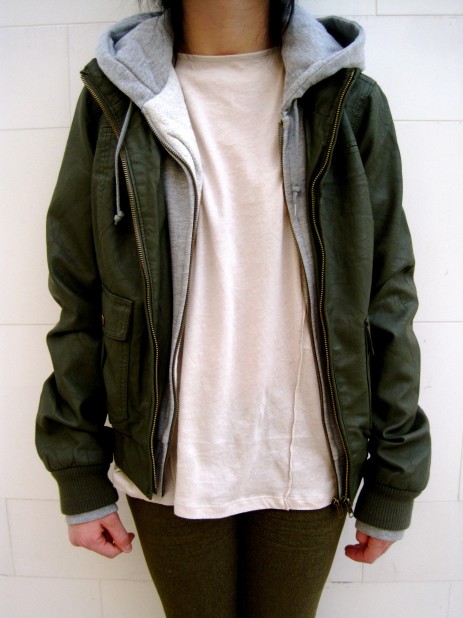 Olive leather with grey hood